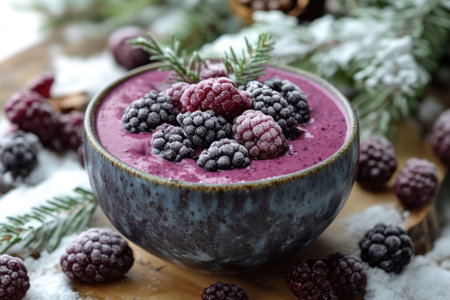 Vibrant purple smoothie bowl topped with frozen blackberries and a sprig of rosemary, creating a festive and healthy Christmas treatの素材