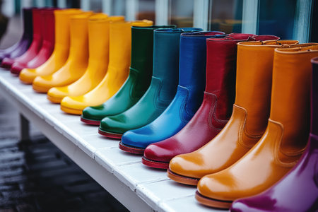 Cowboy boots in various colors are neatly arranged on a white shelf, showcasing a vibrant array of leather footwearの素材