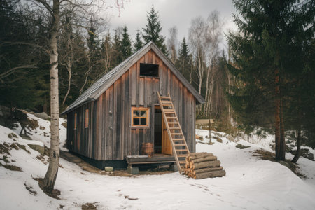 Small wooden cabin standing in a snowy forest clearing, with a ladder leading to a loft and a pile of firewood nearby, creating a cozy and secluded winter retreatの素材