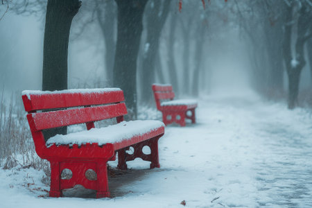 Two empty red benches are covered with snow in a foggy winter park by the lakeの素材