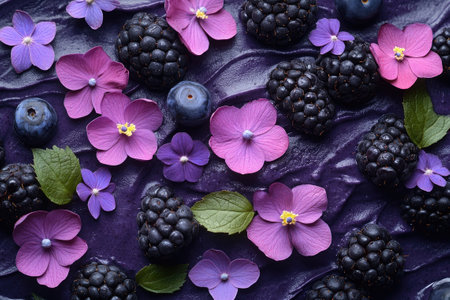 Blackberries, blueberries, pink and purple flowers creating a beautiful pattern on purple cream, ideal for food backgroundsの素材