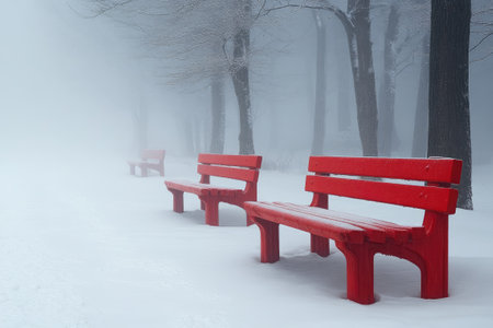 Two empty red benches are covered with snow in a foggy winter park by the lakeの素材