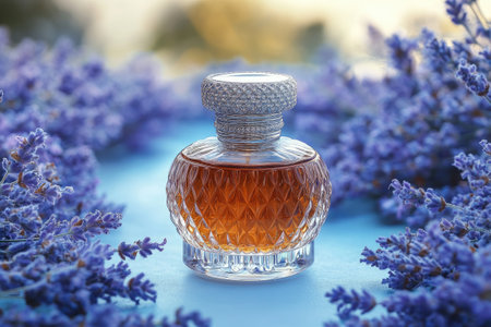 Elegant perfume bottle sits on a wooden surface, surrounded by fresh lavender flowers, creating a luxurious and aromatic sceneの素材
