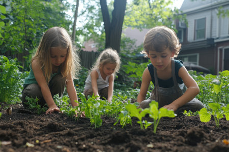 Three young gardeners are planting seedlings in a backyard garden, learning about nature and sustainable livingの素材