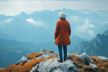 Inspiring view of senior woman hiker enjoying stunning mountain landscape in autumnの素材