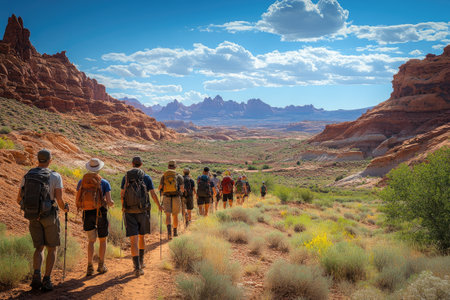 Hikers enjoying a sunny day exploring a desert canyon with blue sky and cloudsの素材