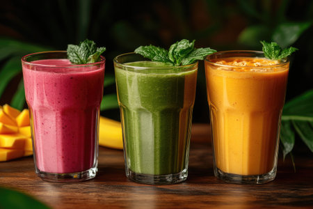 Three colorful smoothies garnished with fresh mint leaves sit on a wooden table, ready to be enjoyed as a refreshing tropical treatの素材