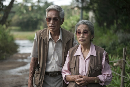 Elderly man and woman, likely park rangers or nature reserve workers, walking togetherの素材