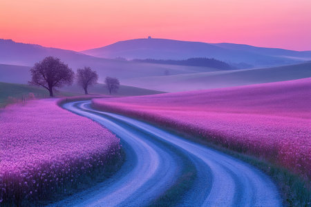 Scenic landscape featuring a winding country road cutting through a vibrant purple flower field at dawn, with rolling hills and a soft, misty atmosphereの素材