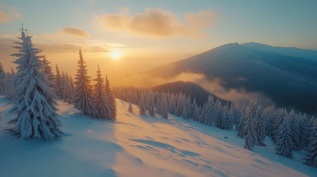 Golden hour sunlight bathes snow-covered pine trees and mountain peaks in a breathtaking winter landscapeの素材