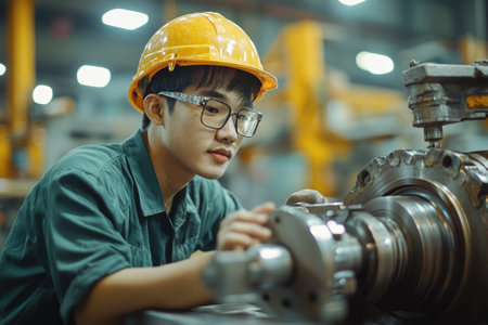 Young engineer wearing safety glasses and hardhat working on a large machine in a factory settingの素材