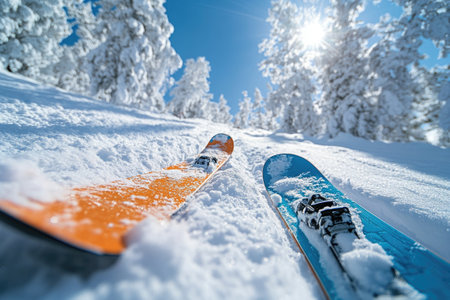 Orange and blue skis stuck in fresh powder snow on sunny winter day with snow covered trees and clear blue skyの素材