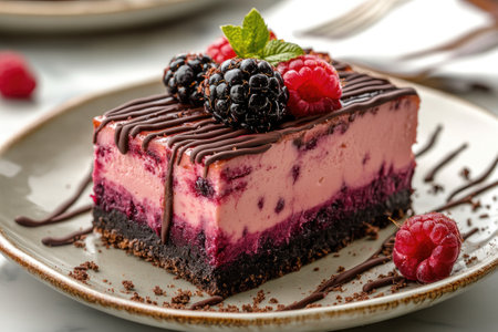 Layered raspberry mousse cake decorated with chocolate and fresh raspberries and blackberriesの素材
