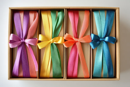 Satin ribbons in vibrant rainbow colors are neatly arranged and tied with bows in a cardboard box, ready for gift wrapping or festive decorationの素材