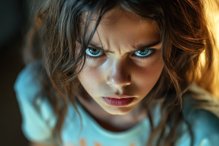Portrait of a frowning young girl with intense blue eyes, expressing anger or frustrationの素材