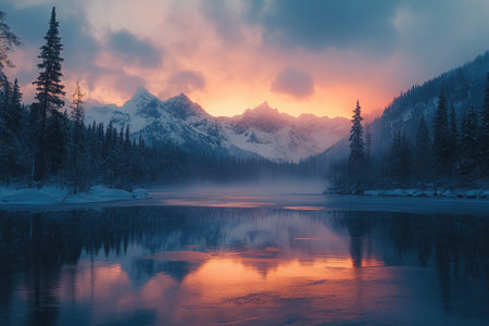 Stunning winter landscape with snow-covered mountains reflecting in a partially frozen lake at sunset, creating a tranquil and picturesque sceneの素材