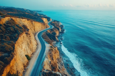Scenic coastal road winding along dramatic cliffs at sunrise, offering breathtaking views of the oceanの素材