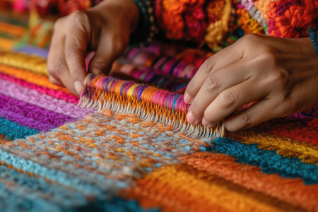 Close-up of hands weaving a vibrant textile, showcasing traditional craftsmanship and cultural heritageの素材