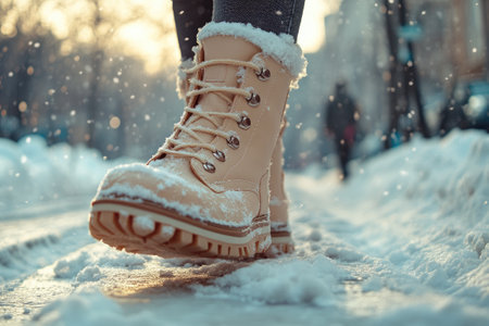 Woman wearing warm beige winter boots walking on snowy city street during snowfall in winterの素材