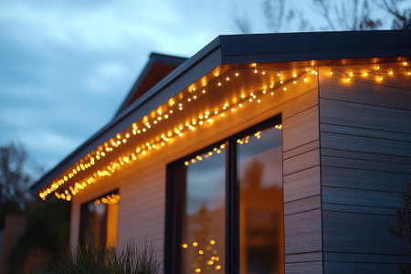 Cozy home exterior illuminating with string lights, creating a warm and inviting ambiance at twilightの素材