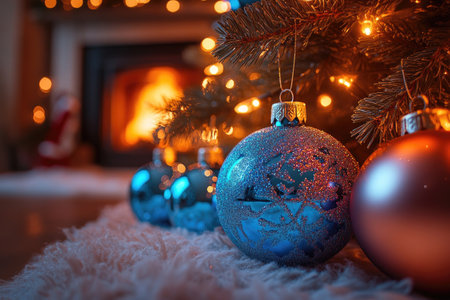 Christmas balls hanging on a Christmas tree with a warm fireplace in the background, creating a cozy and festive atmosphereの素材