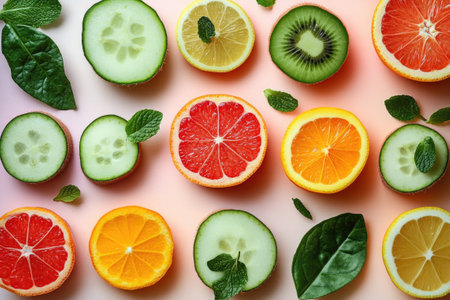 Colorful pattern of various sliced citrus fruits, kiwi, cucumber and mint leaves creating a vibrant and refreshing sceneの素材