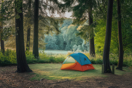 Orange and blue camping tent illuminated by the rising sun, nestled in a tranquil forest clearingの素材