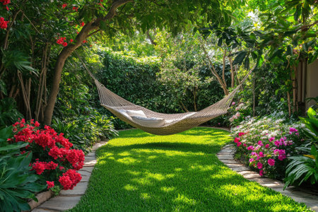Comfortable hammock hanging between two trees in a peaceful and lush green garden, perfect for relaxationの素材