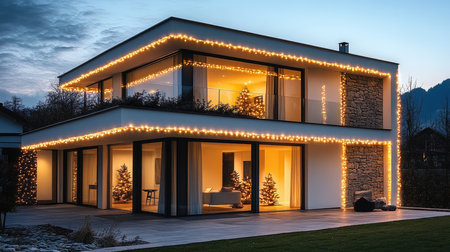 Cozy atmosphere in a modern house decorated with Christmas lights and Christmas trees visible through large windowsの素材