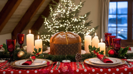 Festive Christmas table setting with traditional Italian panettone, candles burning, and Christmas tree lights creating a warm ambianceの素材
