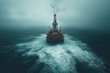 Oil rig extracting fossil fuels in rough sea during storm with dramatic skyの素材