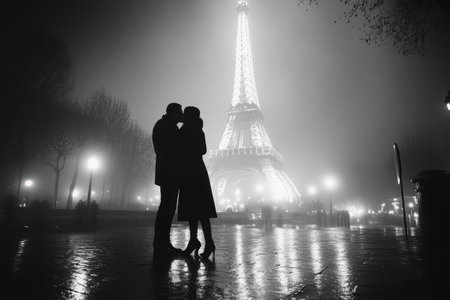 Silhouette of romantic couple kissing with Eiffel Tower in background on foggy night in Paris, Franceの素材