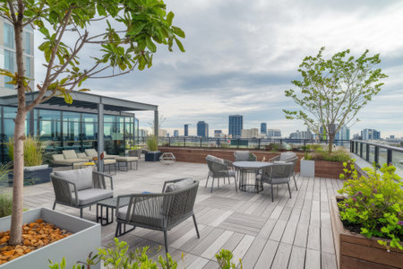 Relaxing outdoor space on a rooftop patio with comfortable seating and panoramic city viewsの素材