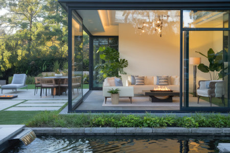 Luxurious home showcasing seamless indoor-outdoor living with a modern fire pit, perfect for relaxation and entertainmentの素材