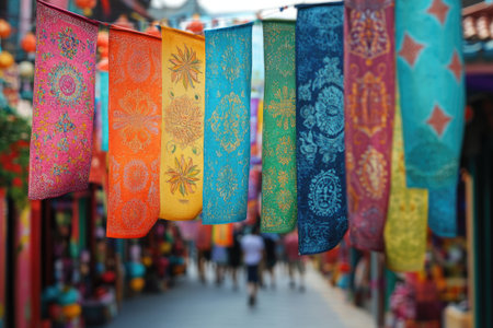 Brightly colored prayer flags with intricate designs add vibrancy to a bustling market street in Asiaの素材