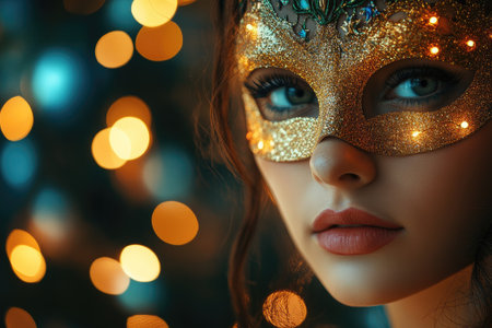 Close-up portrait of a beautiful woman wearing an elegant Venetian carnival mask with glittering lights in the background, creating a mysterious and festive atmosphereの素材