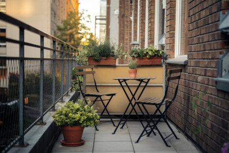 Small cozy balcony garden with table, chairs, and plants, creating a relaxing urban oasisの素材