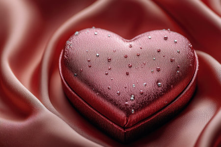 Elegant heart-shaped jewelry box adorned with water droplets and rhinestones, placed on luxurious red silk, creating a romantic and luxurious atmosphereの素材