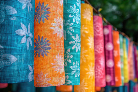 Vibrant fabric lanterns with floral patterns hanging outdoors in a decorative displayの素材