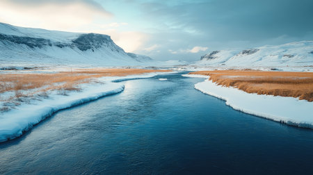 Blue river flowing through snowy mountains in Iceland, creating a beautiful winter landscapeの素材