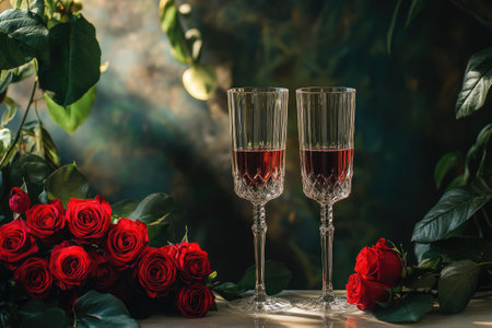 Crystal glasses filled with red wine stand on a table next to a bouquet of red roses, creating a romantic atmosphereの素材