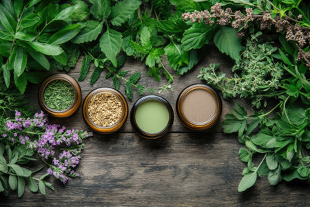 Variety of fresh and dried healing herbs and flowers and cosmetic cream jars on rustic wooden backgroundの素材