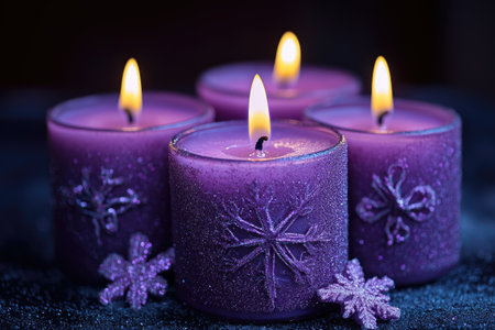 Five lit purple advent candles stand in snow with christmas ornaments, pine cones, and fir branches against a dark snowy background with bokeh lightsの素材