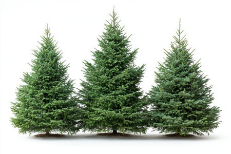 Studio shot of three lush green Christmas trees isolated on a white background, evoking the festive spirit of the holiday seasonの素材