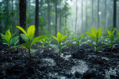 Freshly watered young plants are growing in fertile soil in a misty forest after the rainの素材