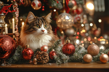 Fluffy cat resting near Christmas tree and holiday ornaments, enjoying the festive atmosphereの素材