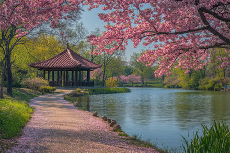Pink cherry blossom petals falling on path by lake with gazebo and trees in springの素材