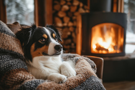 Australian shepherd dog is resting comfortably on a blanket in front of a warm fireplace, enjoying the cozy atmosphere of a wooden cabinの素材