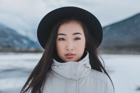 Portrait of a stylish young Asian woman wearing a black hat and a light winter jacket, posing in a snowy mountain landscapeの素材