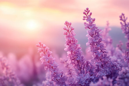 Lilac flowers blooming in a field at sunset, creating a beautiful and dreamy atmosphereの素材